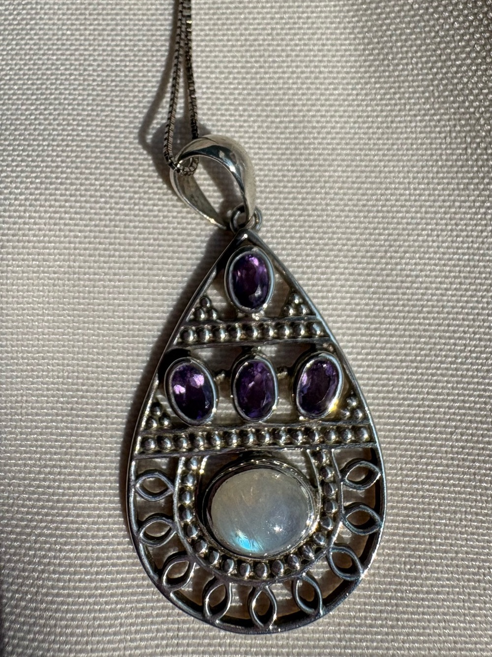VTG Boho Sterling Silver Teardrop Filigree Necklace, Moonstone Amethyst Pendant